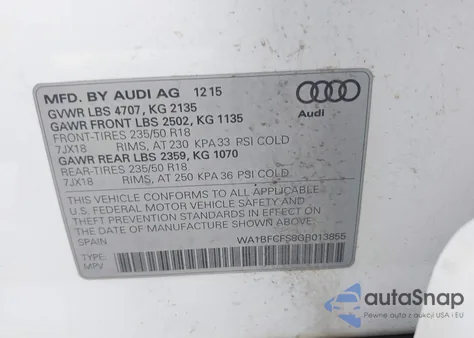 2016 Audi Q3 2.0T Premium Plus из США, поврежденный, VIN WA1BFCFS8GR013855
